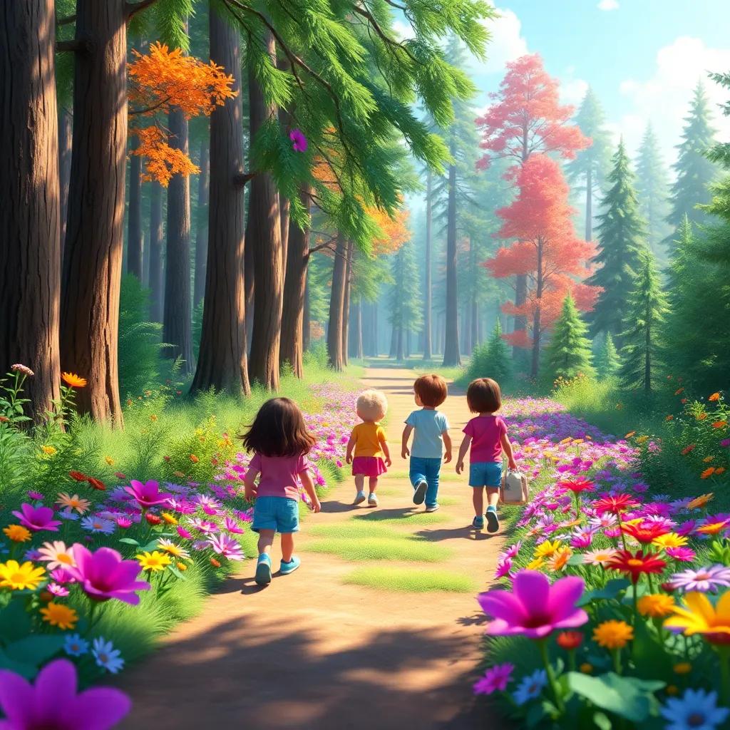 Un group of children exploring a colorful forest path in a sunny day, surrounded by vibrant flowers and tall trees, digital art, bright colors, lively atmosphere, high quality