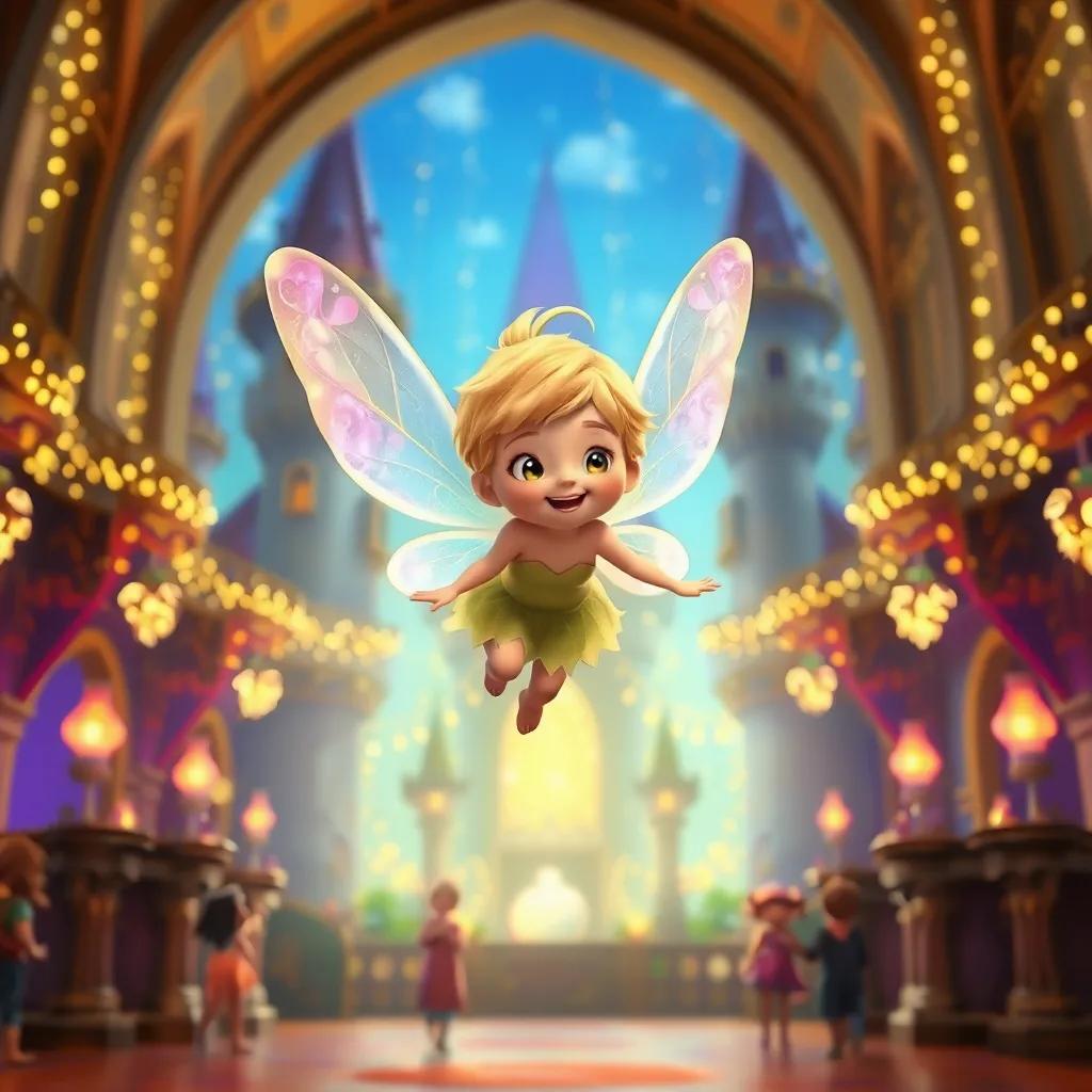 A small fairy named Lila flying joyfully towards the children, with iridescent wings and a radiant smile, inside a magical castle filled with lights, enchanting, whimsical, cheerful