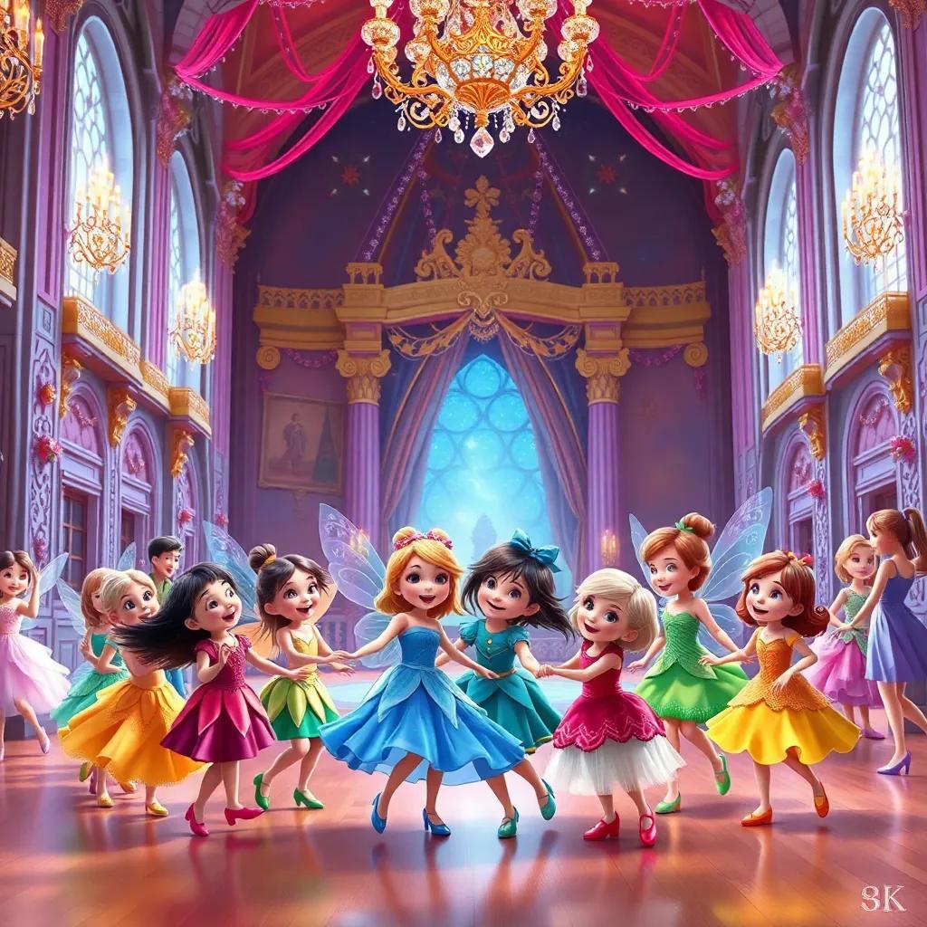 Children and fairies dancing together in a grand castle hall adorned with sparkling decorations, colorful dresses and joyous expressions, joyful celebration, lively, colorful