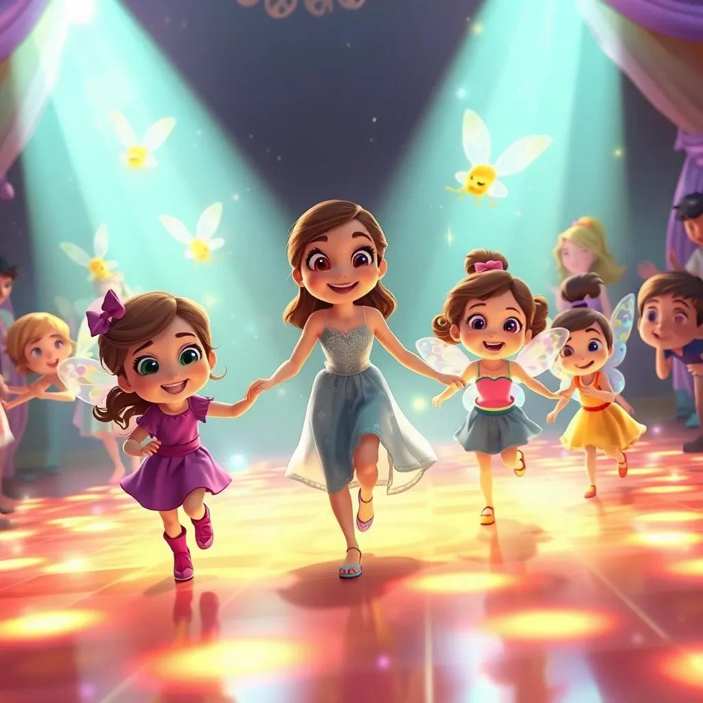 Lila leading the children to a beautiful dance floor, fairies swirling around them, bright lights and happy faces, magical atmosphere, captivating, child-friendly