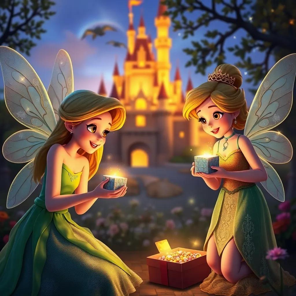 Fairies gifting the children special little boxes with treasures, the castle illuminated in the background, warm and magical glow, heartwarming moment, uplifting, enchanting