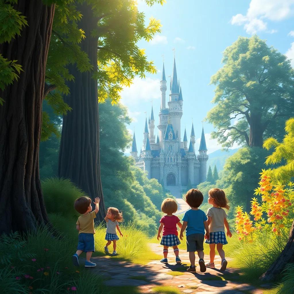 A group of children, excited and amazed, finding a sparkling castle hidden behind giant trees, bright sunlight, vivid colors, enchanting atmosphere, digital art, fantasy, high quality