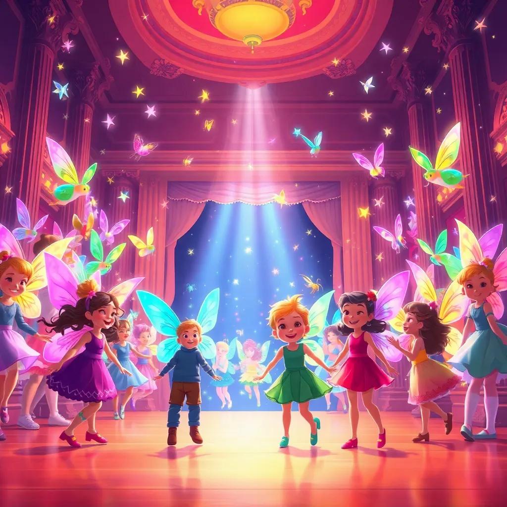 Children entering a grand hall filled with dancing fairies, colorful wings sparkling in the air, joyful expressions, fairy lights everywhere, magical and whimsical scene, illustration, cheerful and vibrant