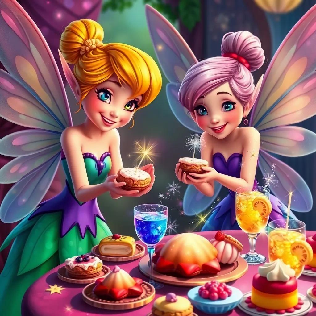 Fairies offering delicious magic snacks to children, colorful pastries and sparkling drinks, table filled with delights, happy faces enjoying the feast, detailed vibrant artwork, fantasy-themed