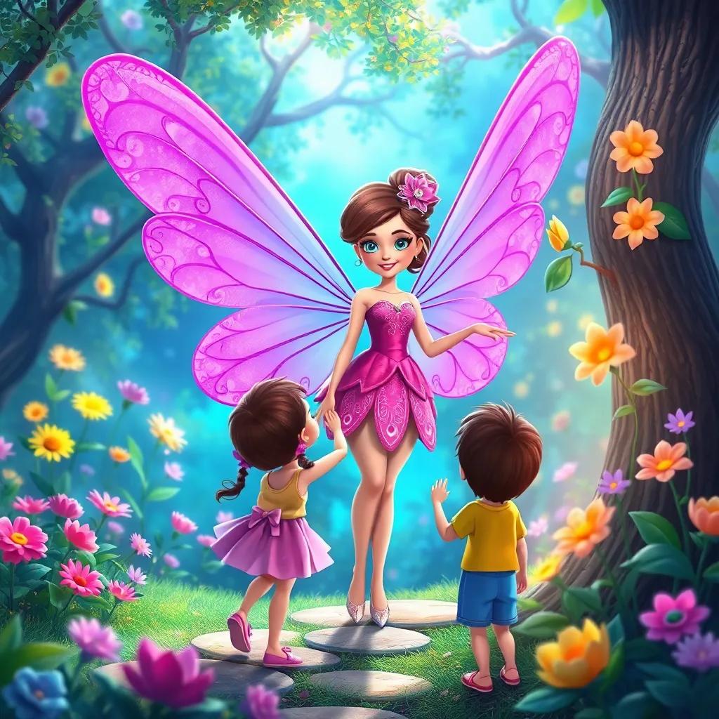 A fairy named Lila, wearing a pink dress and purple wings, showing children a secret garden, singing flowers and dancing trees around them, magical and bright environment, enchanting art style, child-friendly