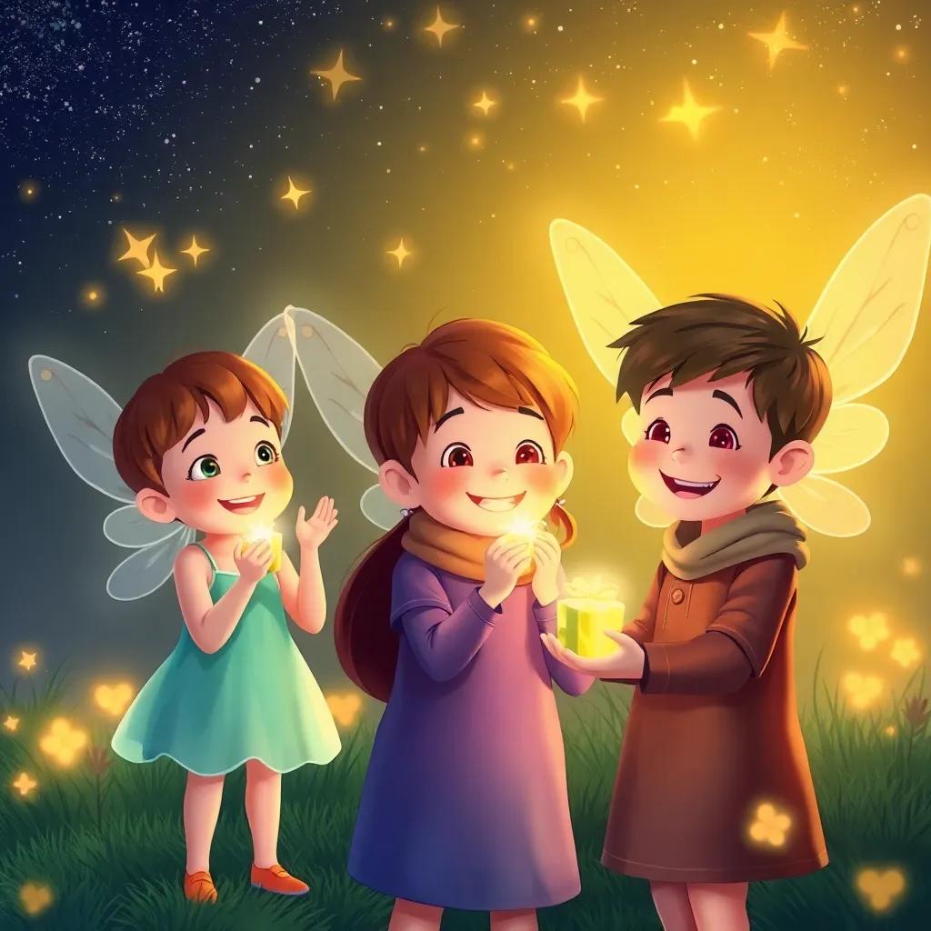 Children receiving glowing keepsakes from fairies, joyful farewell scene at night with twinkling stars and happy smiles, warm and delightful colors, heartwarming atmosphere, illustration