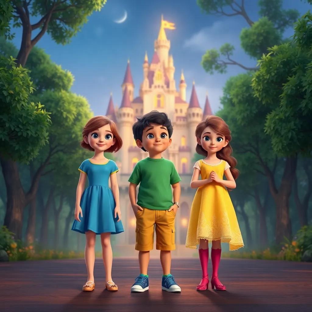 Un grupo de niños, Ana, una niña con cabello castaño y vestido azul, Luis, un niño con camiseta verde y pantalones cortos, y Sofía, una niña con trenzas rubias y vestido amarillo, parados frente a un castillo brillante entre los árboles, digital art, colores vivos, ambiente mágico, alta calidad