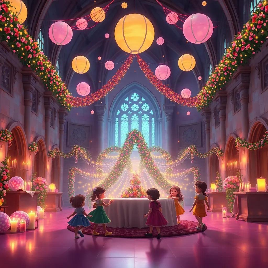 El interior del castillo lleno de luces de colores, flores que susurran canciones, un gran salón decorado con globos y cintas, hadas pequeñas y luminosas danzando alrededor de una mesa, illustration, alegre, atmosfera festiva, niños disfrutando