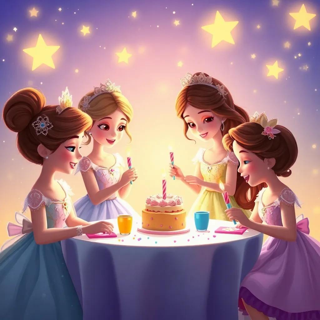 Las hadas invitando a los niños a la fiesta, hadas con alas brillantes y hermosos vestidos, niños felices comiendo pastel y jugando bajo la luz de estrellas, digital painting, cálido, divertido, calidad superior