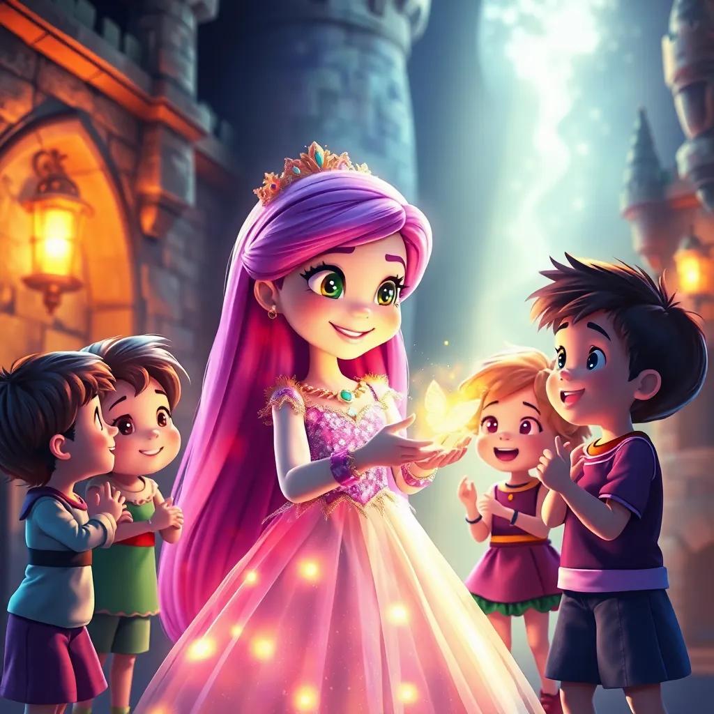 Una hada llamada Lila, con cabello largo y vestido brillante, mostrando a los niños varitas mágicas en un ambiente mágico del castillo, todos emocionados, colorful, fantástico, calidad detallada