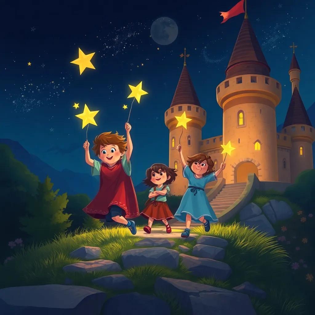 Los niños saliendo del castillo, sosteniendo estrellas mágicas, las hadas despidiéndose, el castillo iluminado al fondo, ambiente de noche mágica, illustration, nostálgico, rica en colores, bonita y alegre