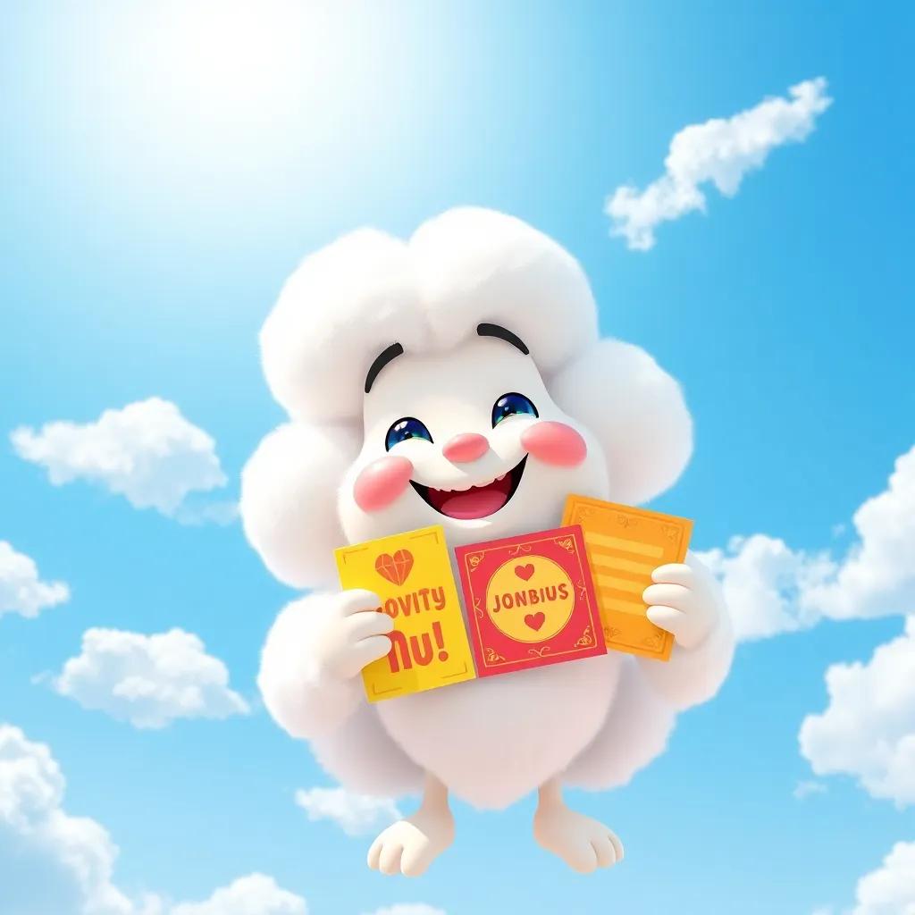 A bright blue sky with fluffy white clouds floating joyfully, a cheerful cloud named Fluffy holding colorful invitation cards, digital art, sunny atmosphere, vibrant colors, lively perspective, high quality