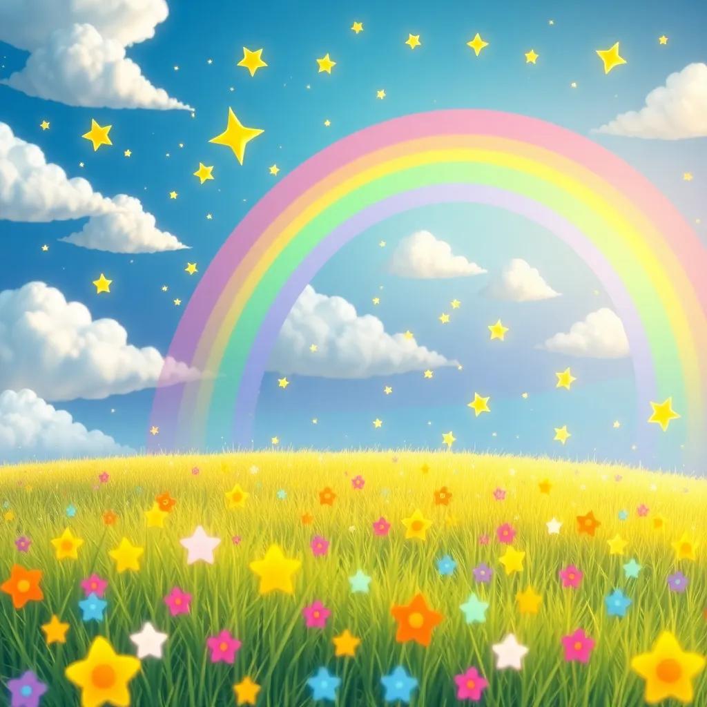 A magical field filled with stars and dancing rainbows, playful clouds swirling around, dreams arriving in bright colors, colorful and cheerful scene, whimsical art, friendly light, engaging quality