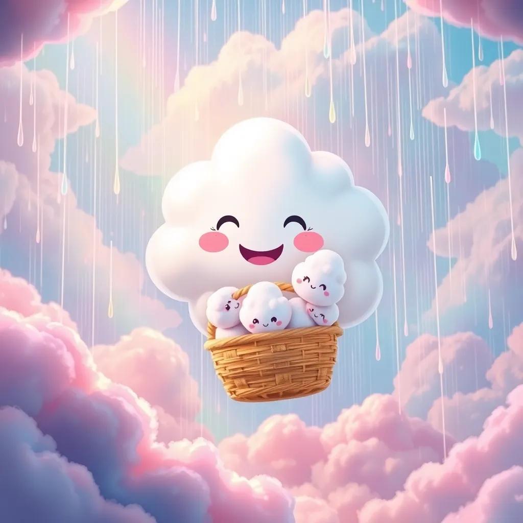 A happy cloud named Puffy holding a big basket of cotton candy, sweet rain falling joyfully on the colorful clouds and dreams, playful and bright scene, enchanting style, lively light, rich and warm colors