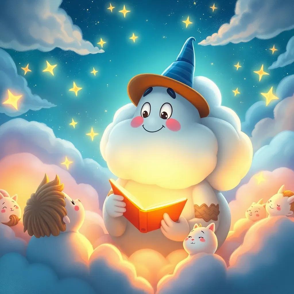 A wise cloud named Nimbus telling enchanting adventure stories to the listening dreams, sparkling stars lighting the scene, magical atmosphere, comforting colors, illustrative style, heartwarming perspective