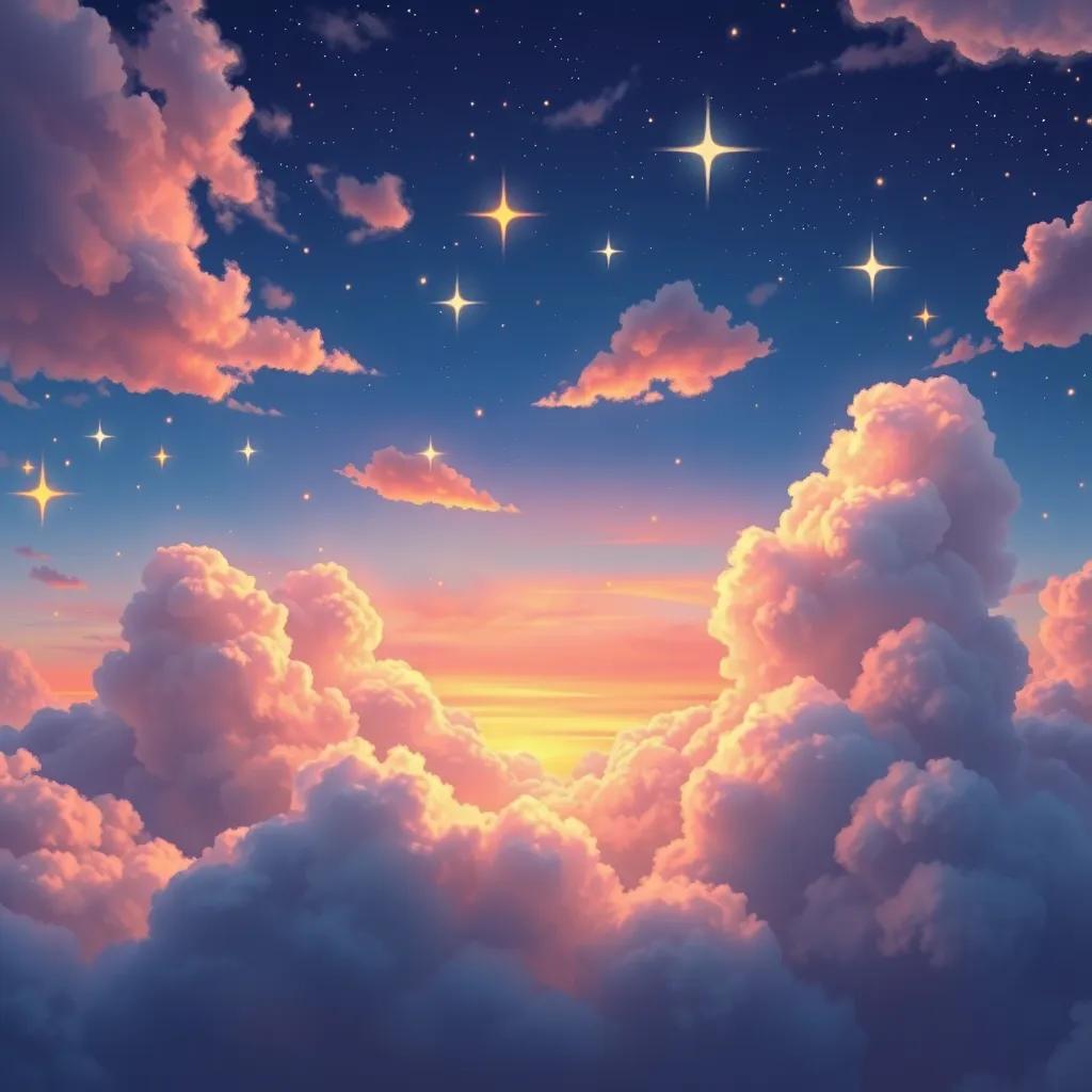 Clouds waving goodbye to the dreams as sparkling star lights dance in the sky, a beautiful twilight celebration, hopeful and joyful atmosphere, imaginative colors, whimsical art, captivating view