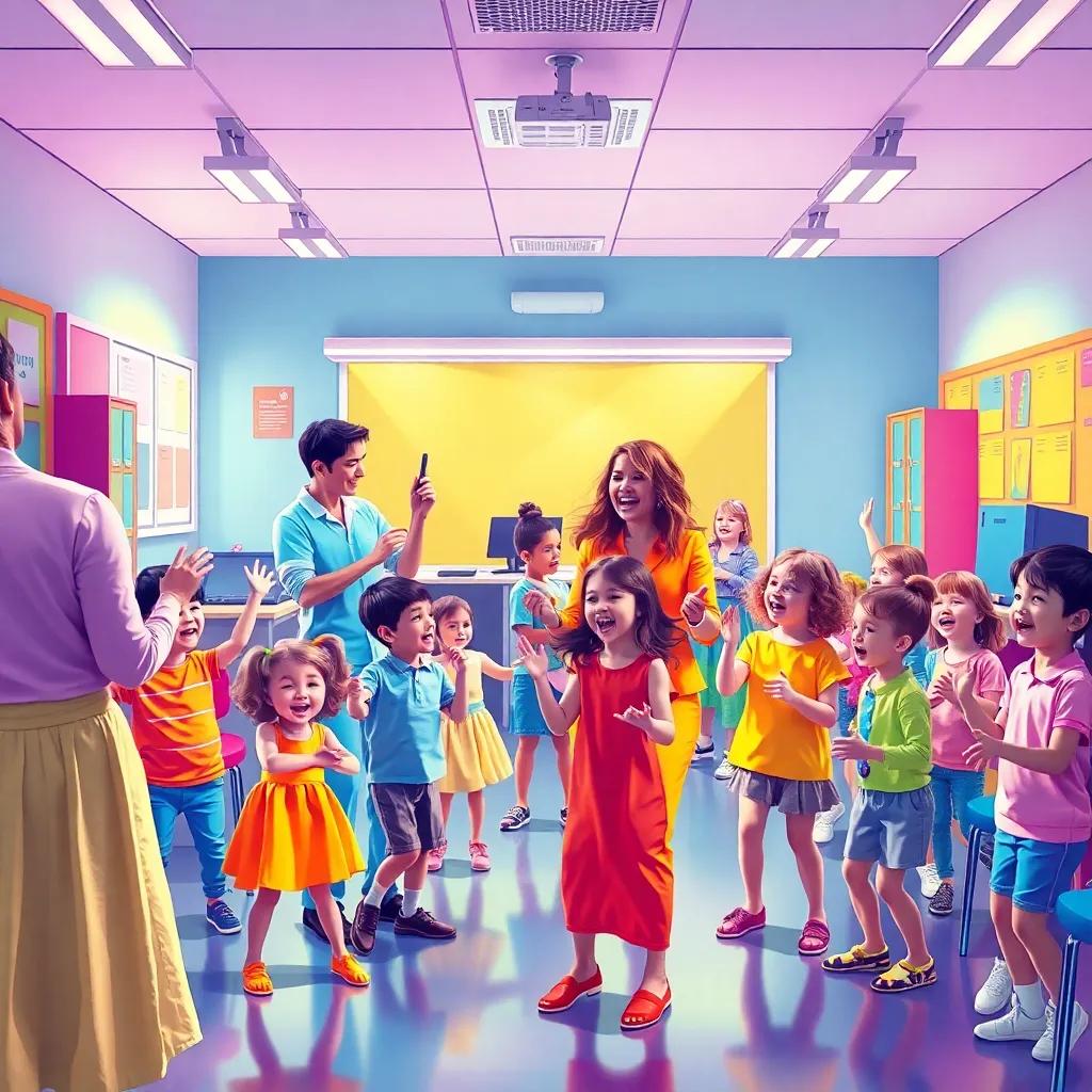 Music and dance party in a colorful classroom, teachers in bright outfits, children singing and dancing, joyful expressions, cheerful mood, digital painting, lively