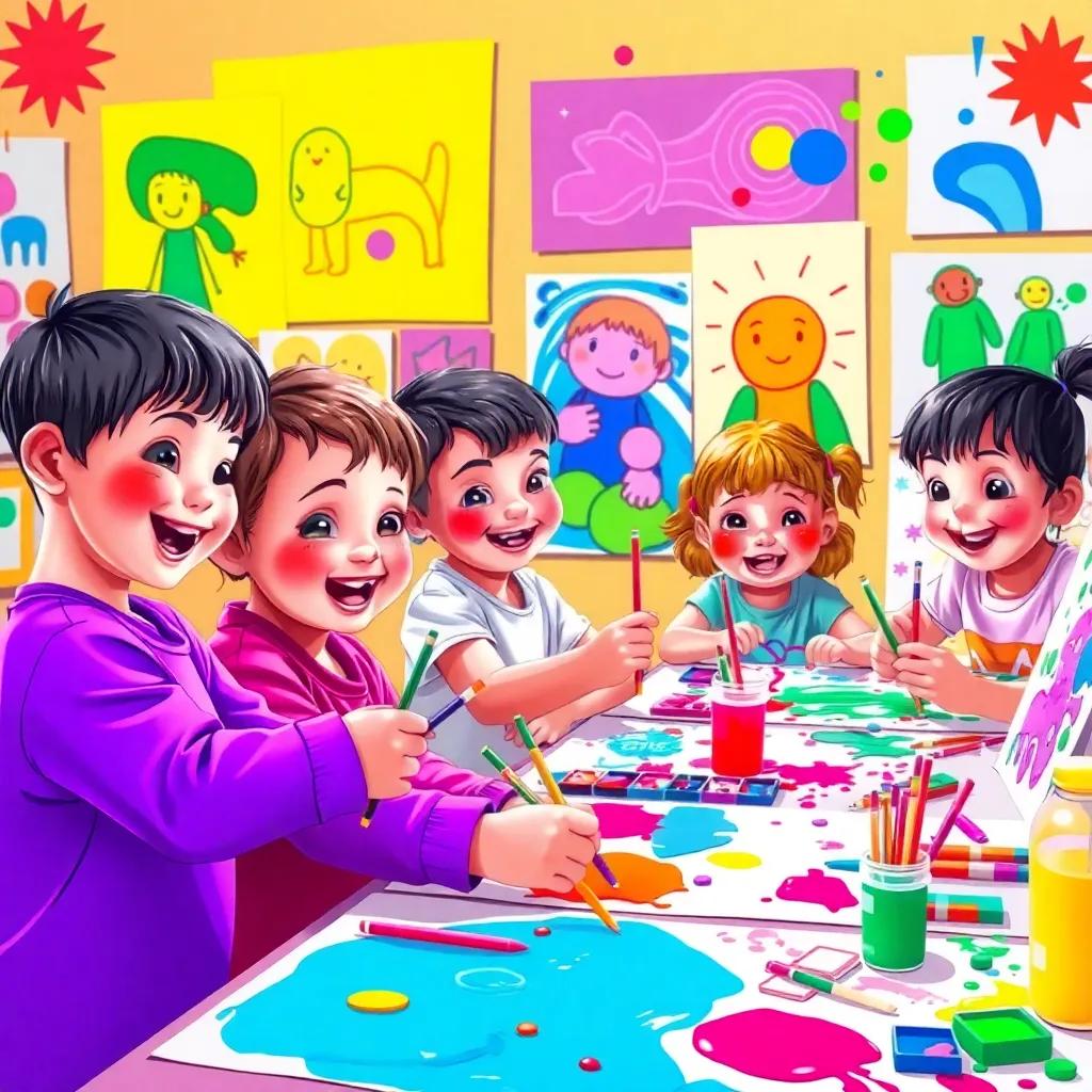 Children painting with bright colors, various artworks displayed, happy faces, messy creative fun, dynamic scene, colorful environment, illustration, engaging
