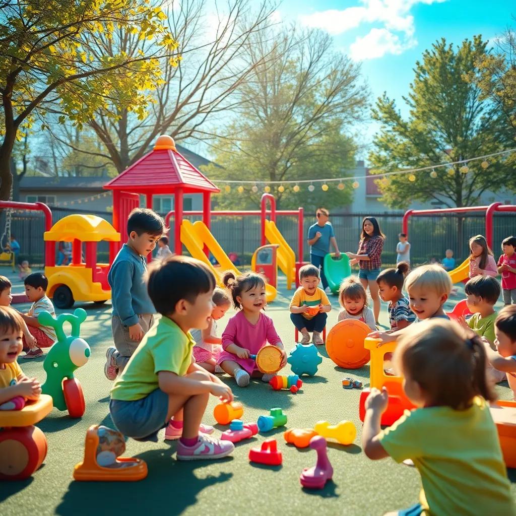 Outdoor playground filled with children playing, bright toys and games, teachers supervising, laughter in the air, warm light, vibrant scene, digital art, cheerful