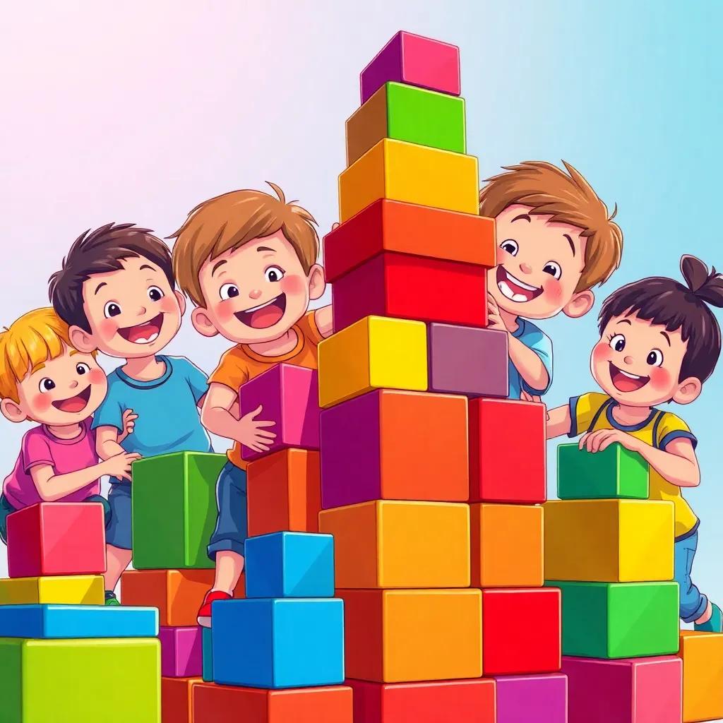 Building blocks with children constructing towers, playful cooperation, bright colored blocks, smiles and excitement, child-friendly atmosphere, detailed illustration, lively