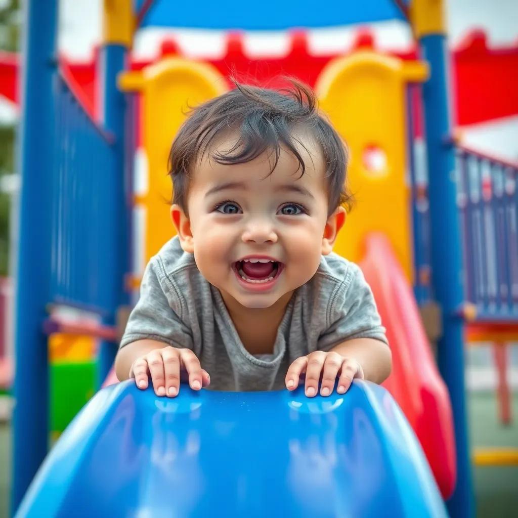 A child playing slide, excited expression, playground background with colorful structures, bright and cheerful scene, high quality, engaging art