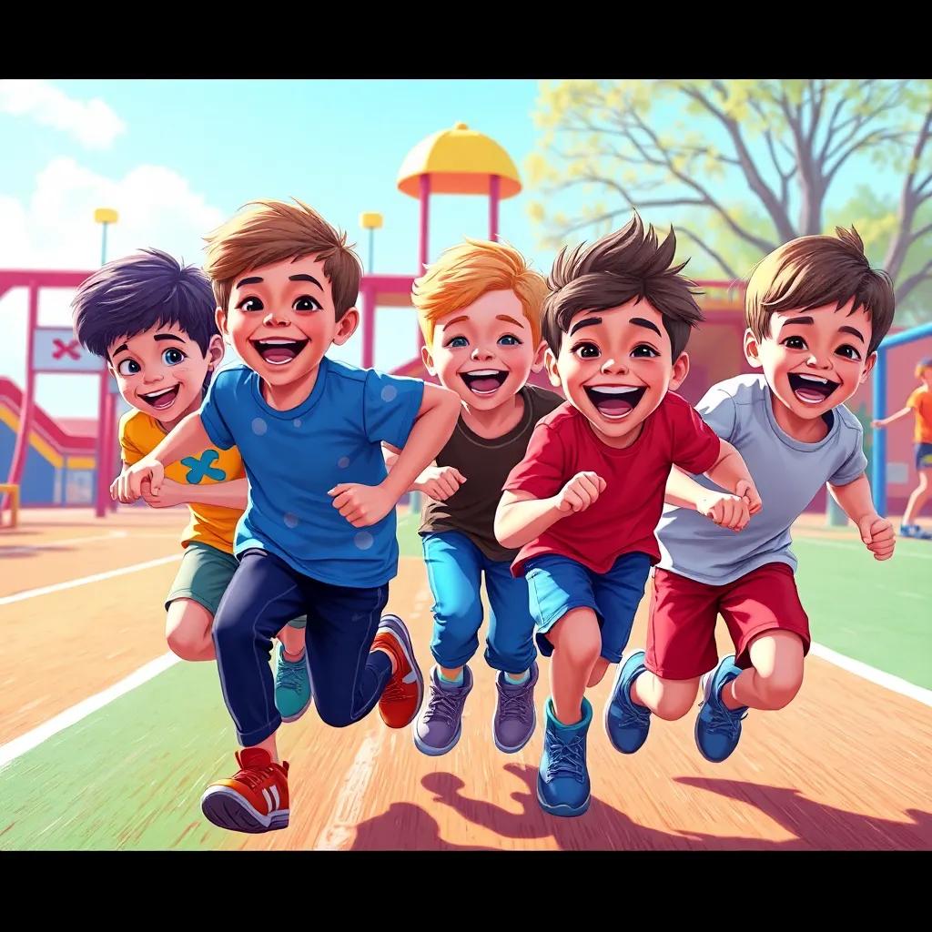 Children racing each other, joyful and competitive atmosphere, bright playground setting, happy faces, dynamic action scene, digital painting, vivid colors