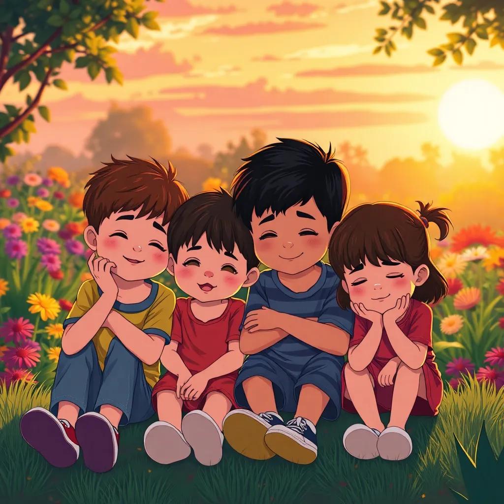 Group of children sitting together, tired but happy, colorful garden in the background, glowing sunset light, capturing a moment of friendship, illustration, heartwarming