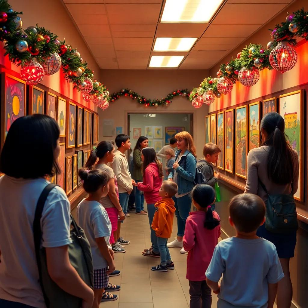 Student artwork displayed on walls, parents admiring, teachers interacting with kids, festive decorations, warm ambiance, digital art, colorful quality
