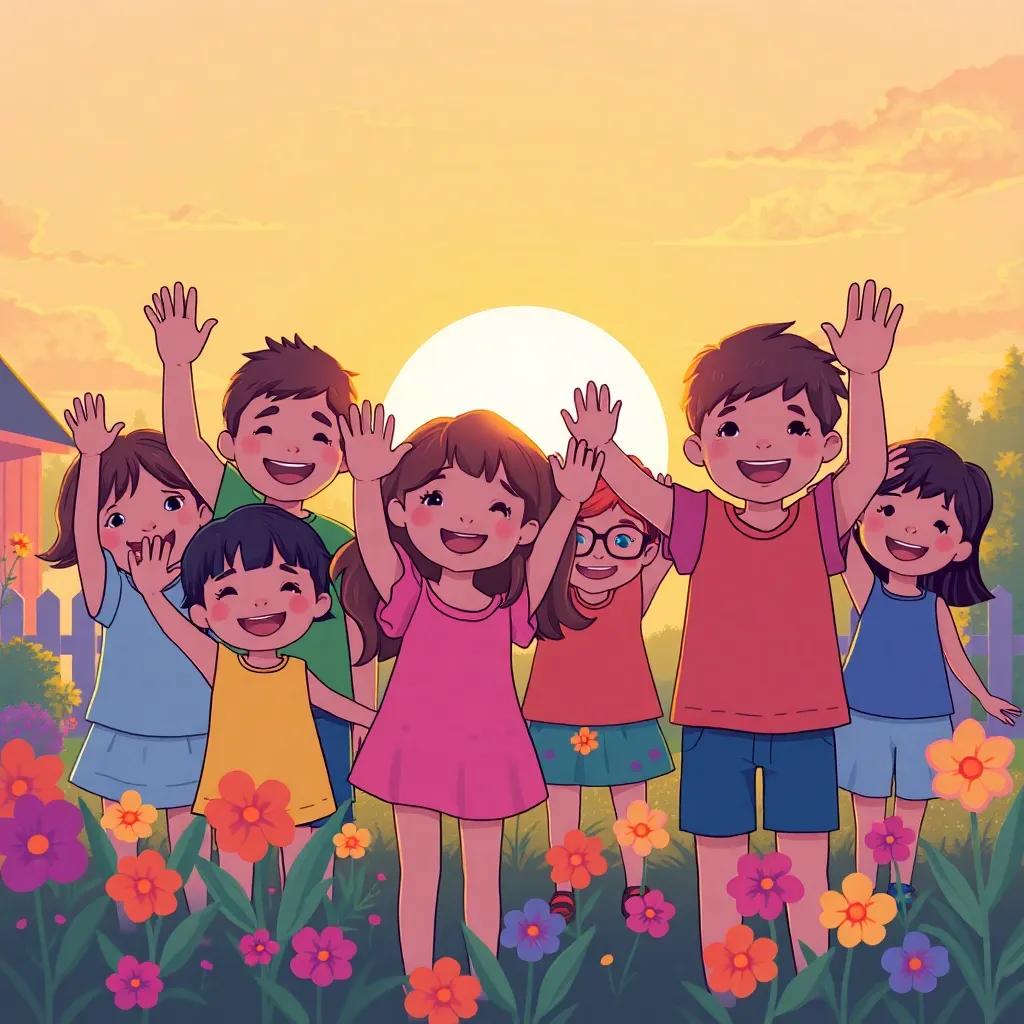 Group of children waving goodbye, smiling faces, setting sun in the background, joyful farewell, colorful preschool garden, illustrated scene, charming