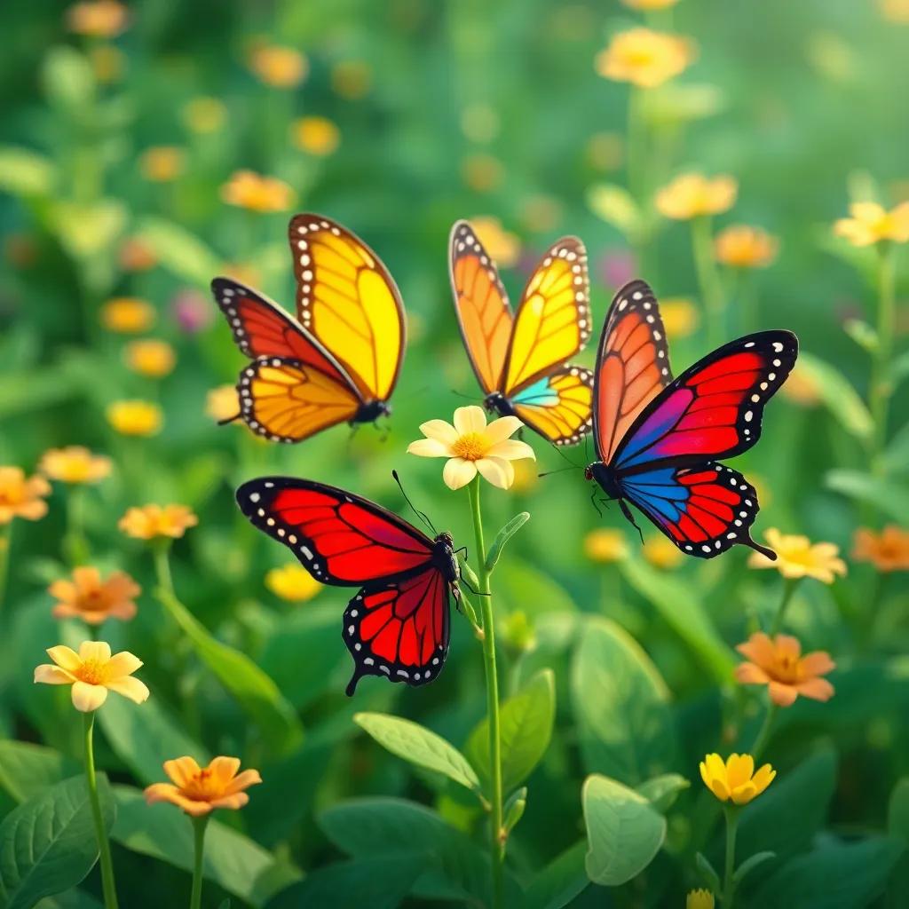 A group of butterflies in bright red, blue, and yellow coming close to the small flower, the garden full of green plants, friendly interaction, illustration, vibrant, happy