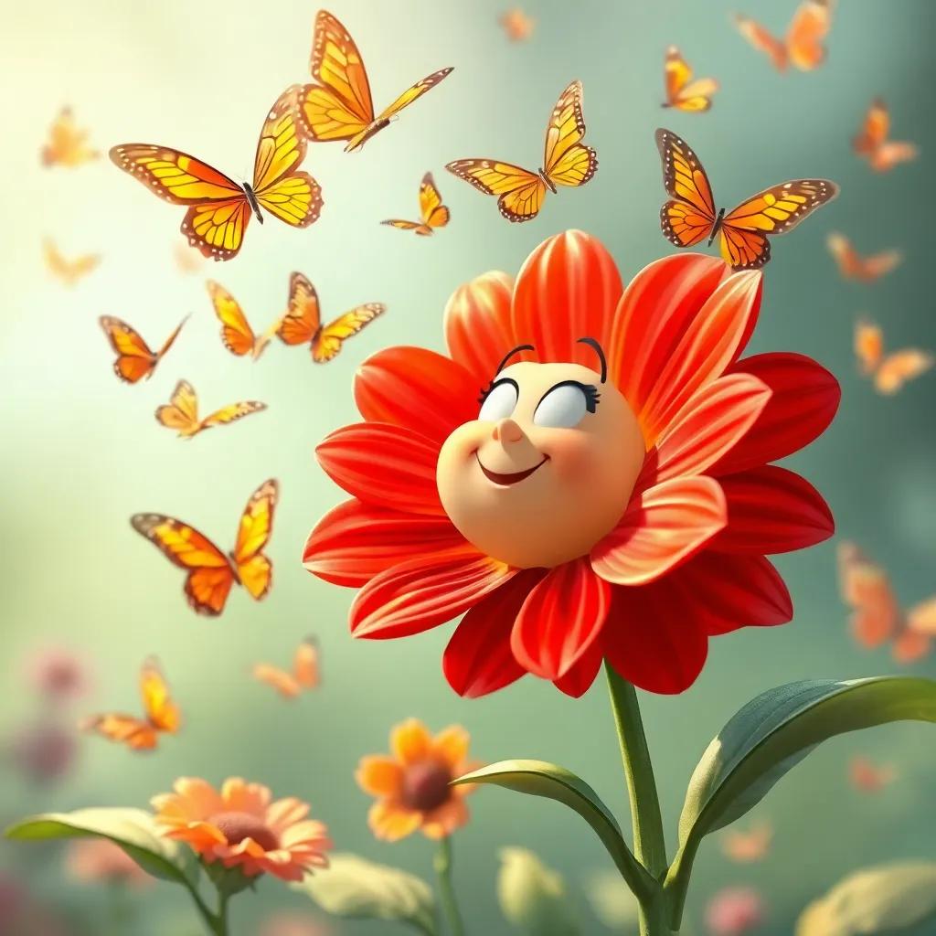 The flower looking excited as the butterflies dance around her, creating a swirling effect with their wings, colorful petals waving in the wind, dynamic art, lively and energetic feel