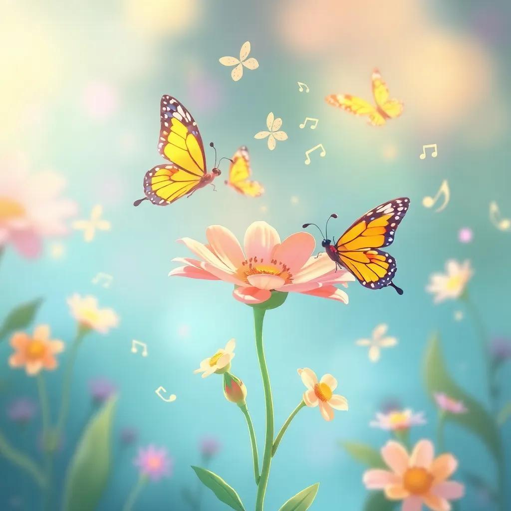 Butterflies jumping and twirling around the flower, singing a lovely song, beautiful melody surrounding them, soft breeze, whimsical illustration, light and colorful
