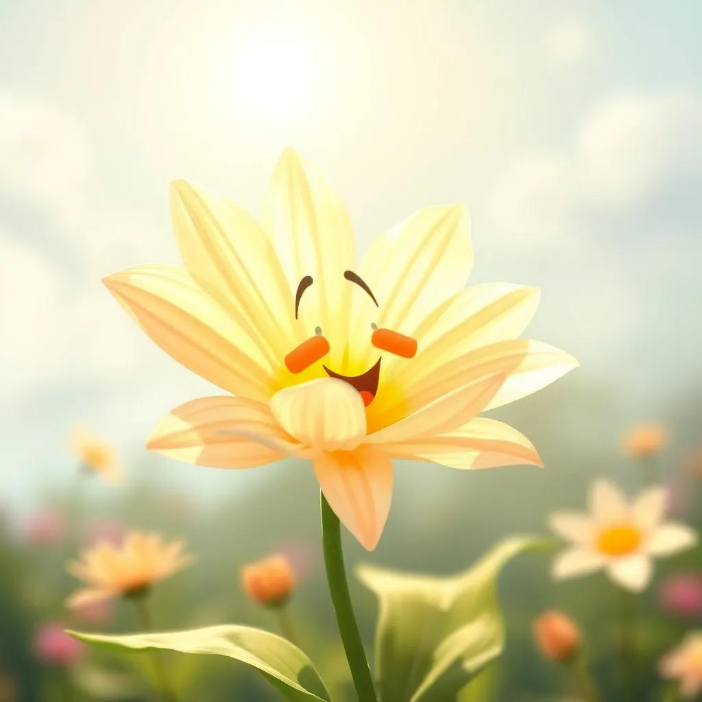 The flower happily moving her petals in rhythm, feeling the soft wind on her face, sun shining warmly, full of joy and delight, digital painting, uplifting atmosphere
