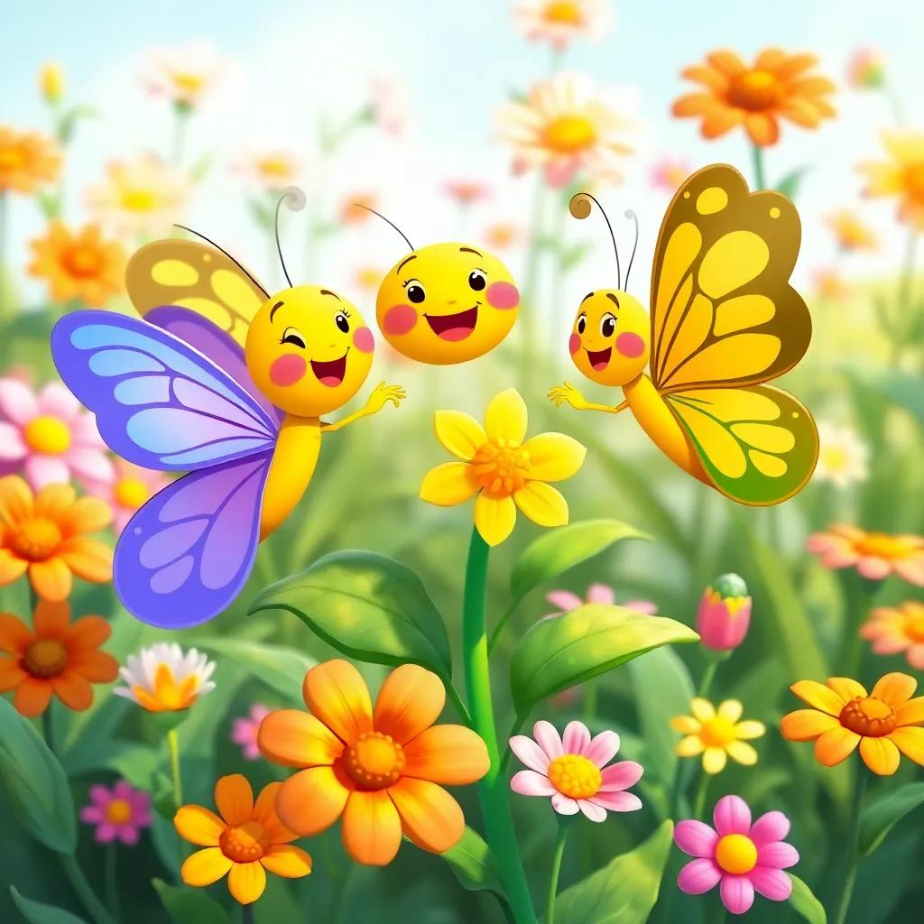 The butterflies cheering and encouraging the flower, joyful expressions, surrounded by blooming flowers and greenery, bright and cheerful colors, child-friendly illustration