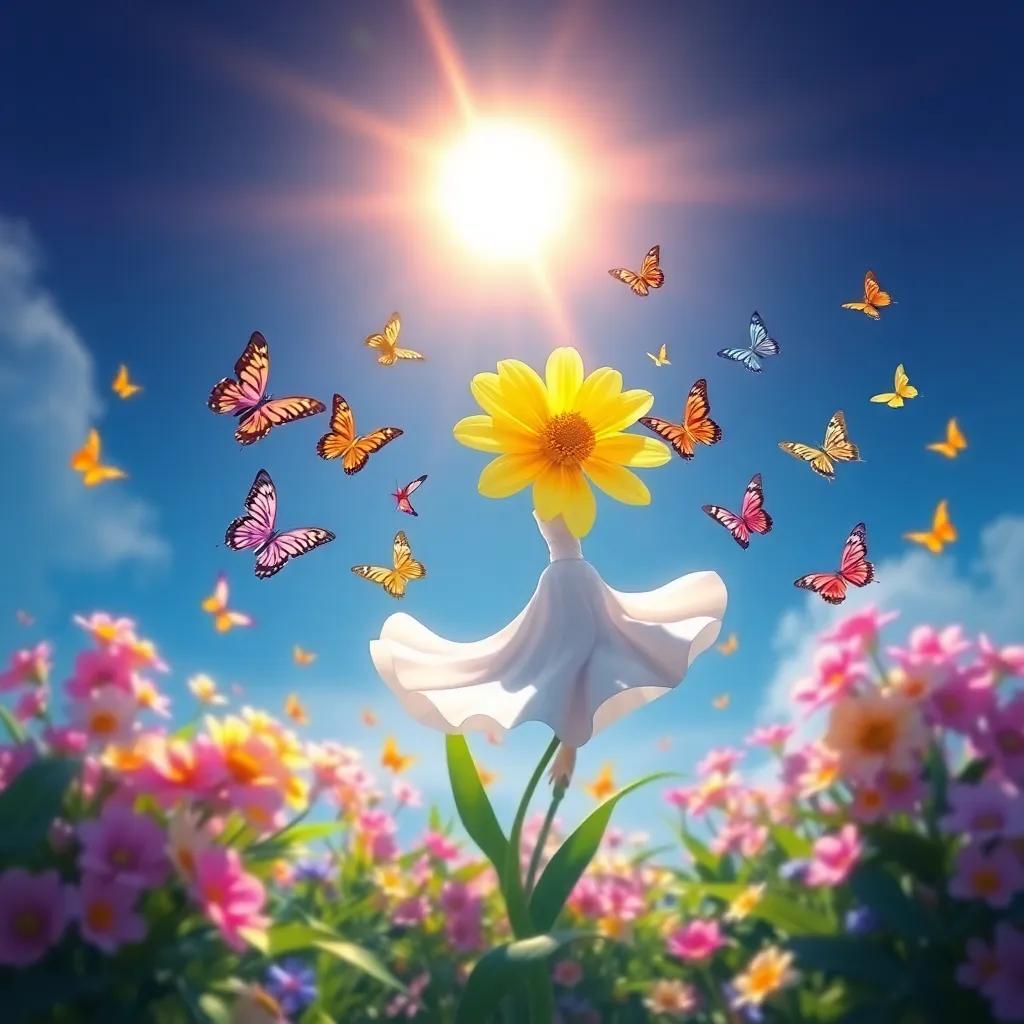 The sun shining bright above, as the flower dances gracefully, colorful butterflies circling around her in unison, magical spring scene, vibrant colors, lively mood