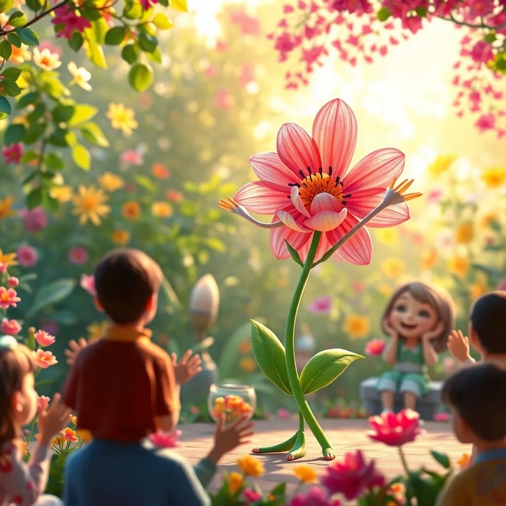 The flower joyful as she performs, people in the garden watching with smiles and applause, colorful and cheerful surroundings, heartwarming vibe, digital art