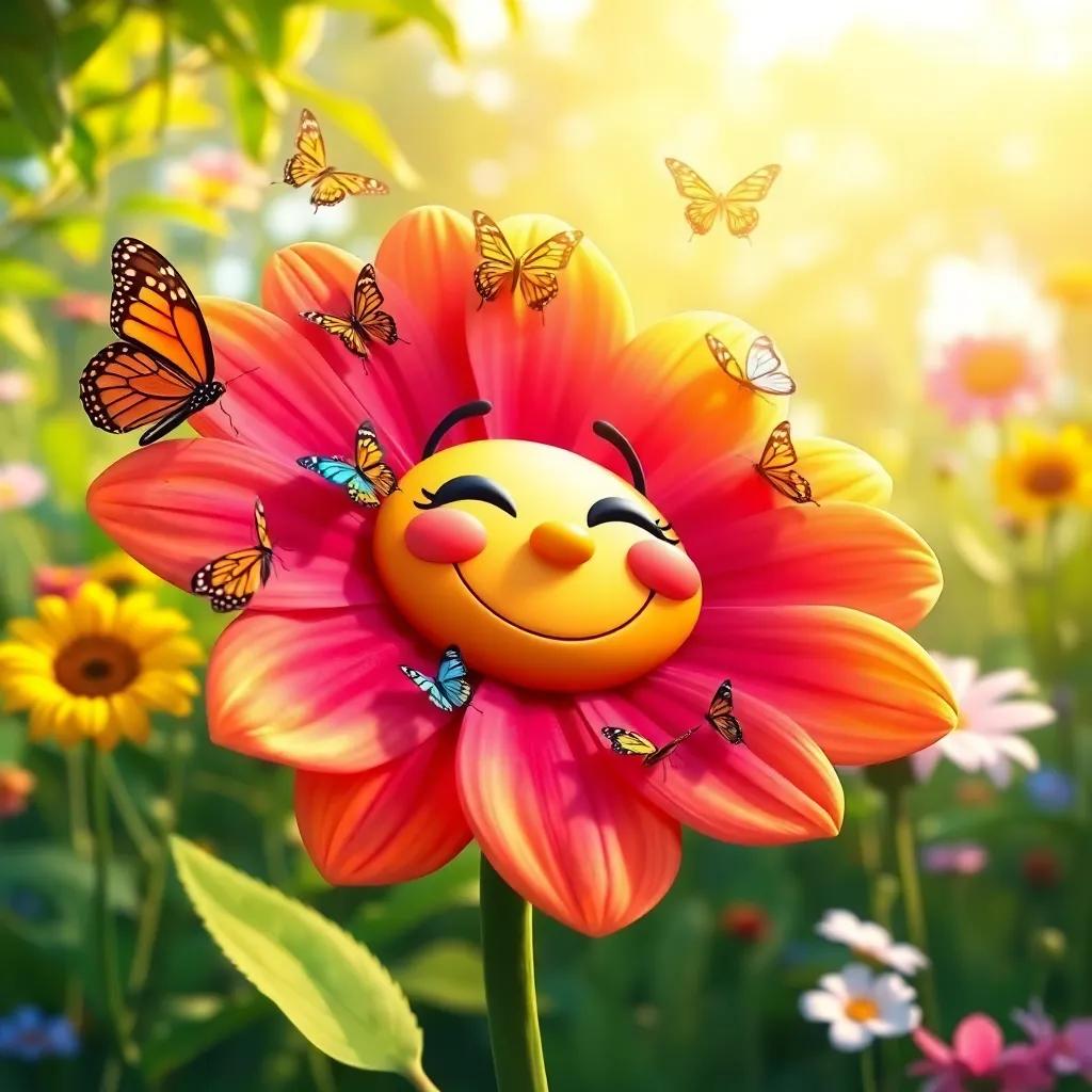 The flower finished with a big smile, butterflies resting on her petals, everyone in the garden celebrating her talent, warm sunlight, colorful and inviting scene