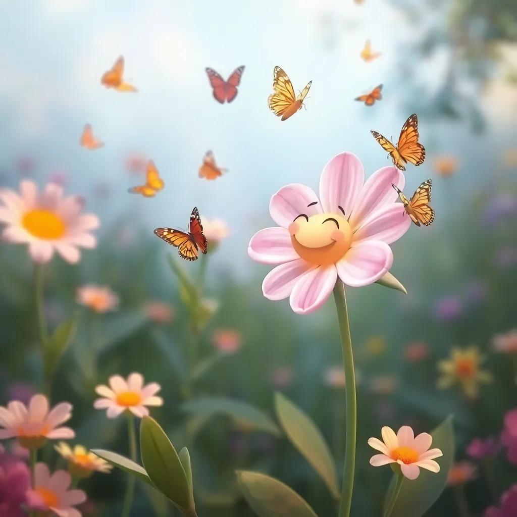 The flower smiling brightly, reflecting on her journey, happily thanking the butterflies, peaceful garden background, soft colors, uplifting and inspiring imagery