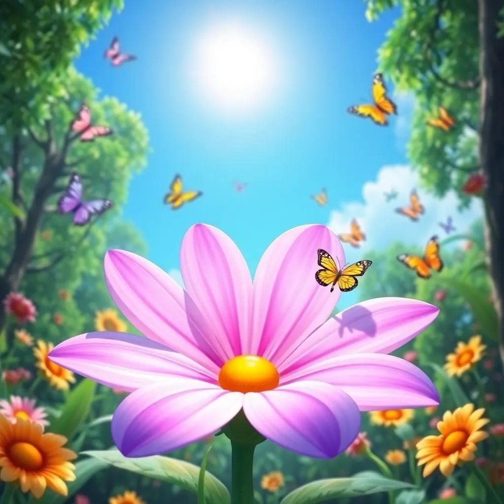 A magical flower with bright petals, smiling widely under a sunny sky in a lush green forest, surrounded by colorful butterflies, cheerful atmosphere, digital art, vibrant colors, lively perspective, high quality