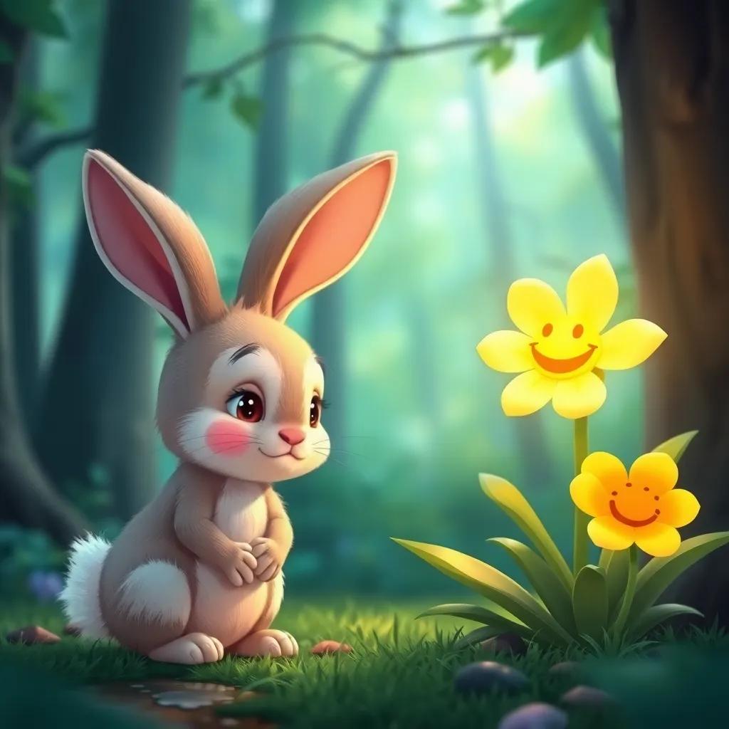 A small rabbit named Toby, feeling sad, looking at the magical flower in the forest, the flower smiling warmly at him, digital illustration, bright and inviting colors, engaging perspective, heartwarming
