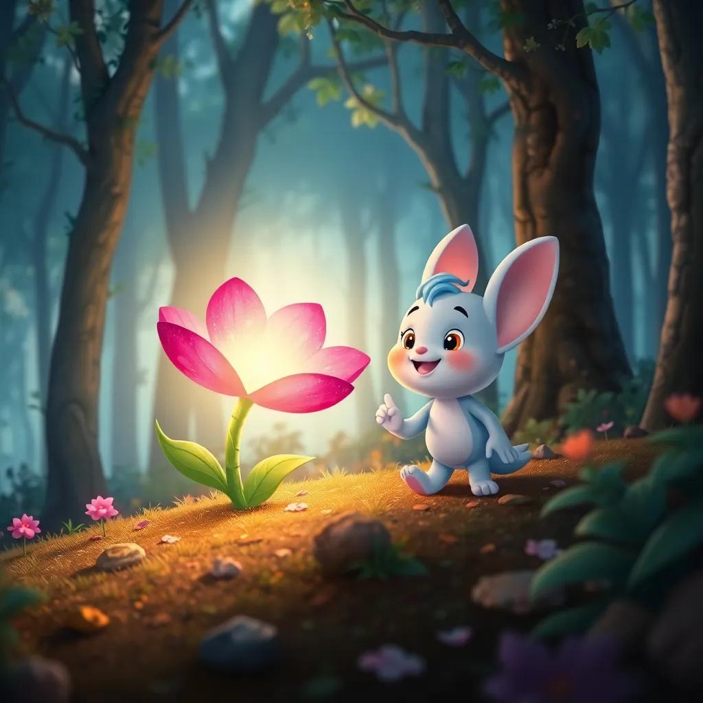 The magical flower and Toby searching together in the forest, with a shining light illuminating the path, elegant trees around them, joyful expression, children-friendly vibe, detailed art, colorful and nicely composed