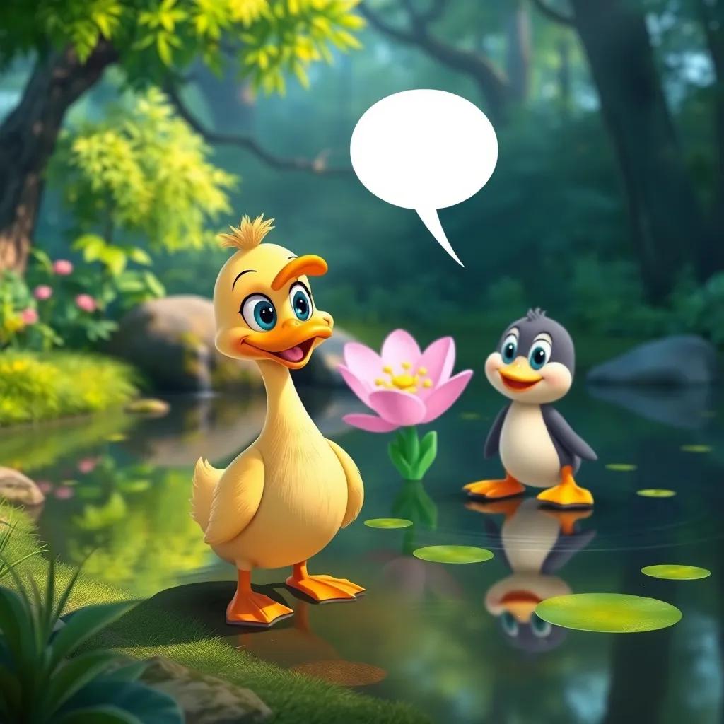 A friendly duck named Pipo, looking worried by a pond, the magical flower and Toby talking to Pipo with smiles, surrounding forest lush and green, cheerful tone, illustration, vibrant colors and joyful atmosphere