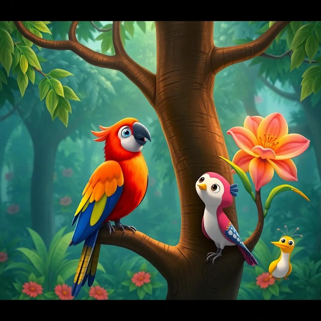 Lolo, a parrot looking sad in a tree, the magical flower inviting him to join Toby and Pipo, the forest alive with vibrant creatures, showcasing friendship, colorful art style, engaging scene, child-friendly