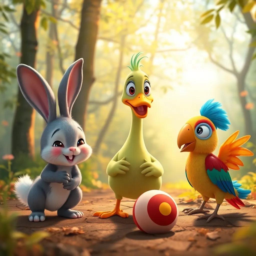 The three friends, Toby the rabbit, Pipo the duck, and Lolo the parrot, happily searching for the lost toy together in the bright forest, joyful expression all around, digital art, warm colors, heartwarming