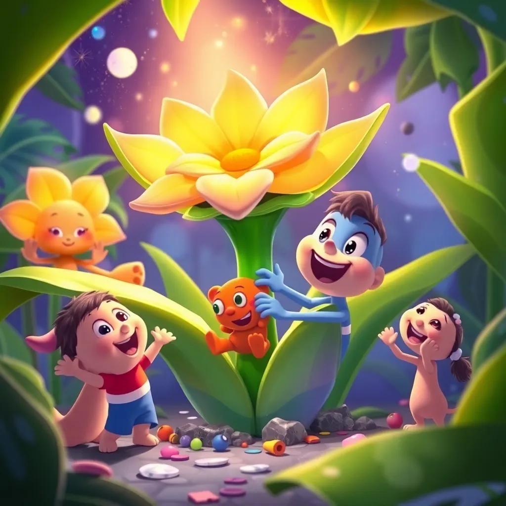 The lost toy stuck in a green plant, with Toby joyfully discovering it, the magical flower and friends celebrating joyfully around, bright colors and cheerful atmosphere, detailed digital illustration, engaging