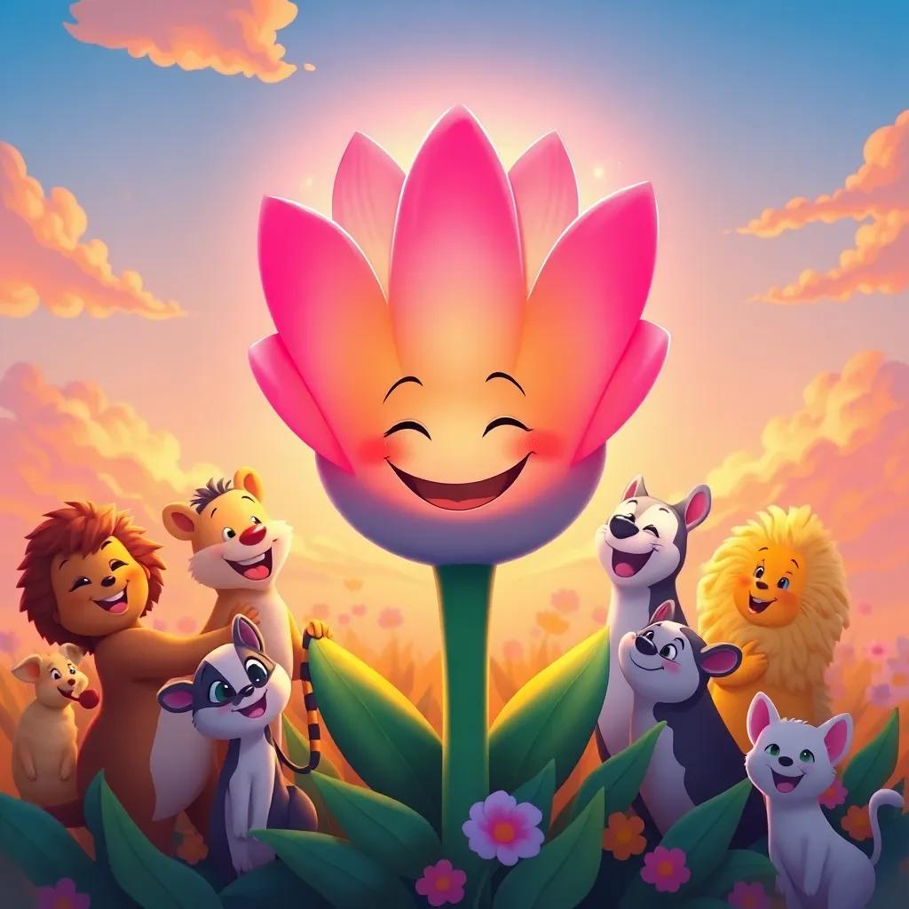 The magical flower smiling under a beautiful sunset, surrounded by happy animals, all friends together, laughter and happiness in the atmosphere, illustration, vibrant colors, emotional scene, high quality