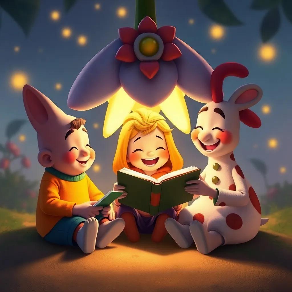 The three friends, Toby, Pipo, and Lolo, sitting together under the magical flower, sharing stories and laughter, glowing light around them, warm and inviting colors, joyful scene, detailed digital art