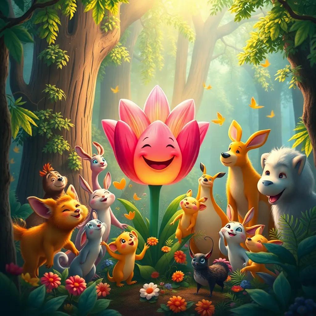 The magical flower still smiling in the center of the forest, with animals of all kinds coming together, celebrating friendship and joy, colorful and lively scene, digital painting, uplifting atmosphere, heartwarming