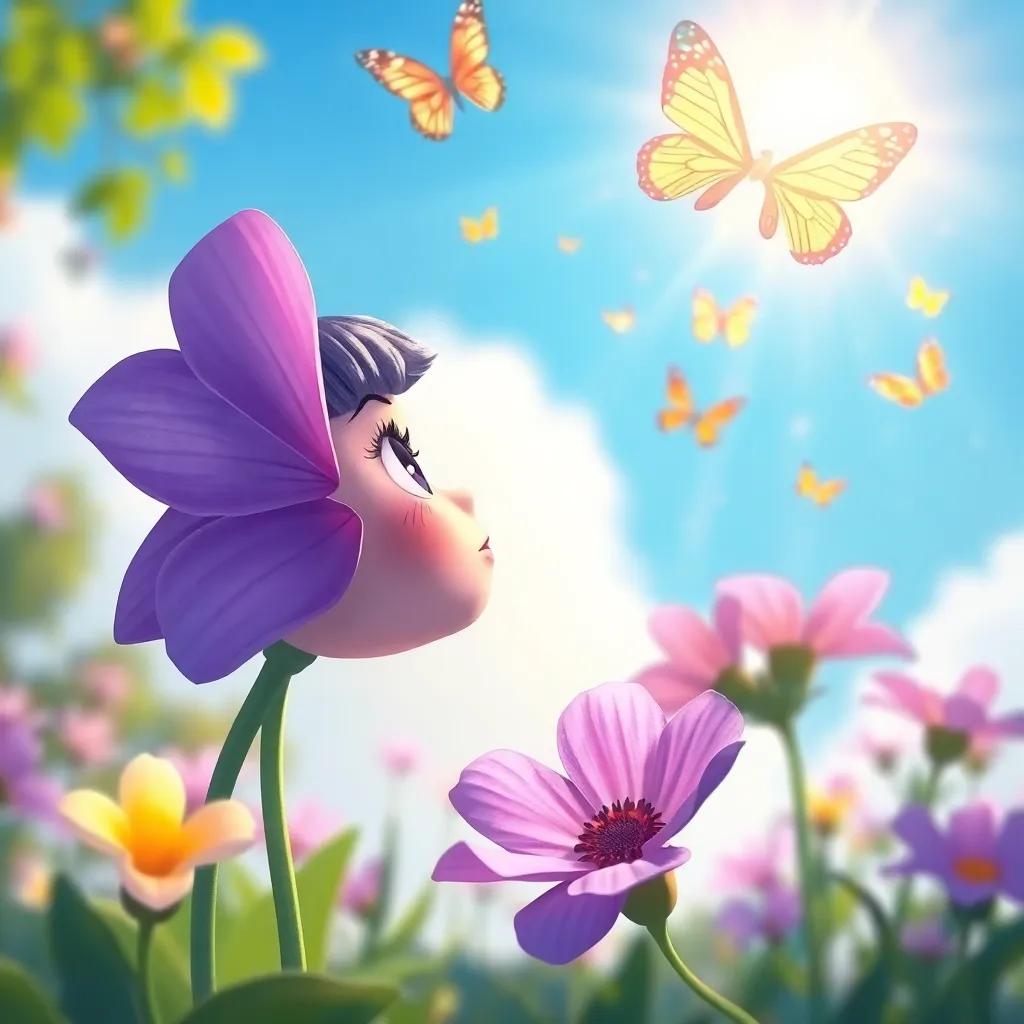 Lila, a sad violet flower, looking up at bright butterflies dancing in the clear blue sky, with sunlight shining down, illustration, soft and warm colors, heartfelt scenery, high quality