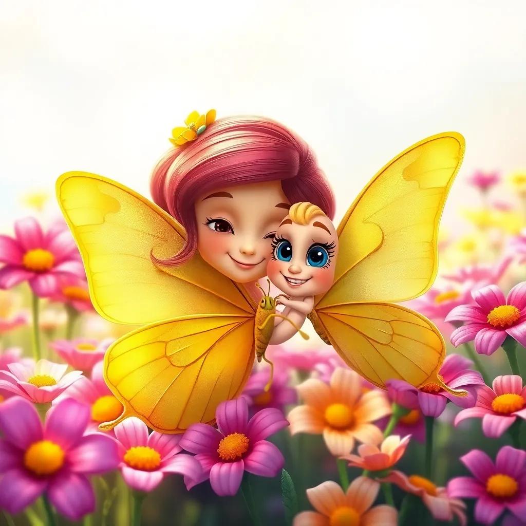Mariposa Bella, a bright yellow butterfly, resting beside Lila, with delicate wings and a gentle smile, in the flower garden, digital painting, colorful and lively atmosphere, friendly vibe, high quality